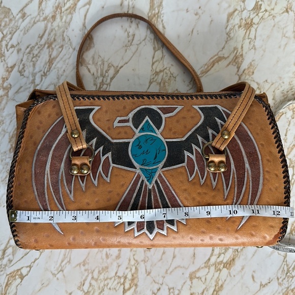 VINTAGE EMBOSSED LEATHER THUNDERBIRD DESIGN-WOVEN LEATHER HANDBAG-Metallic, t - Picture 13 of 16